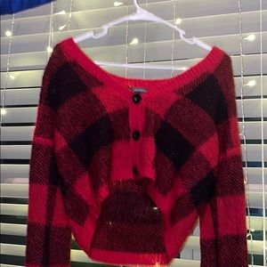 Red plaid off the shoulder cropped sweater